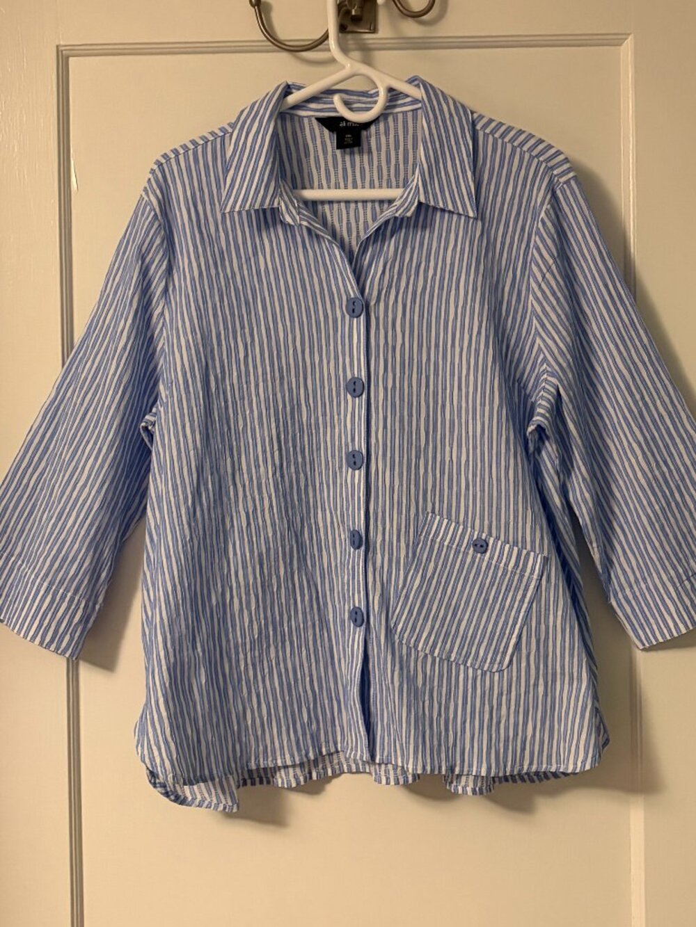 Ali Miles blue striped blouse size XL petite lagenlook oversized minimalist
